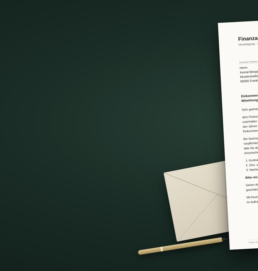 Fiktives Musterschreiben eines Finanzamts mit Aufforderung zur Mitwirkung nach § 90 Abs. 2 AO zu einer türkischen Bankverbindung und Kapitalerträgen, mit Frist