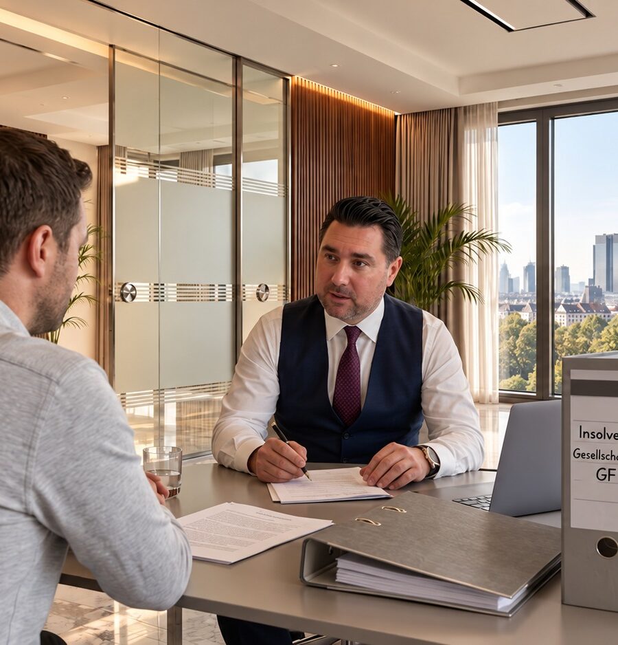 Rechtsanwalt berät einen Mandanten im Besprechungsraum mit Blick auf die Frankfurter Skyline; auf den Aktenordnern stehen Insolvenz Gesellschafter/GF und GmbH